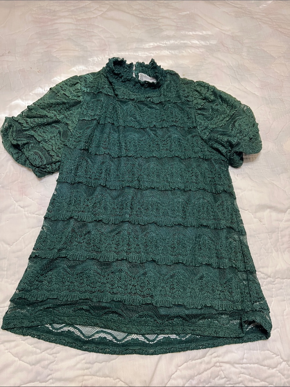 Cupio Emerald Green Lace Ruffle Mock Neck Blouse